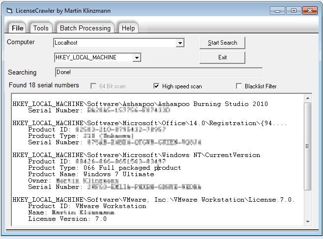LicenseCrawler 1.10.230: сохранение серийных номеров установленных приложен