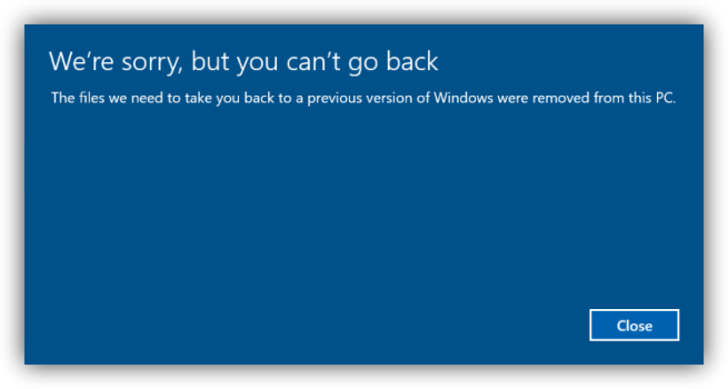 Error volver tras Windows 10