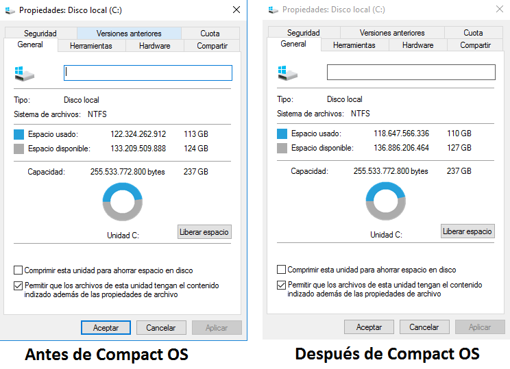 Antes y después de CompactOS en Windows 10
