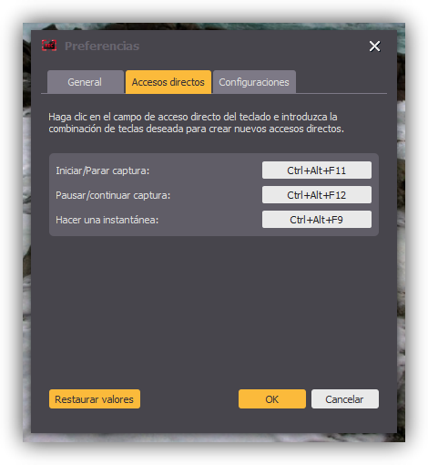 Aiseesoft Screen Recorder - Preferencias Accesos Directos