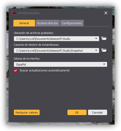 Aiseesoft Screen Recorder - Preferencias General