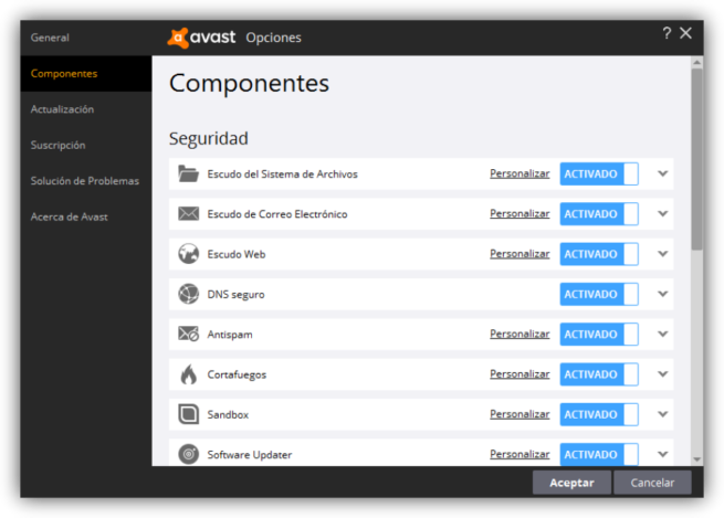 Avast Internet Security - Opciones Componentes 1