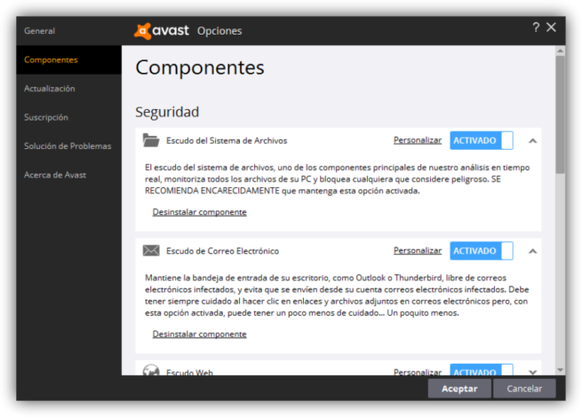 Avast Internet Security - Opciones Componentes 2
