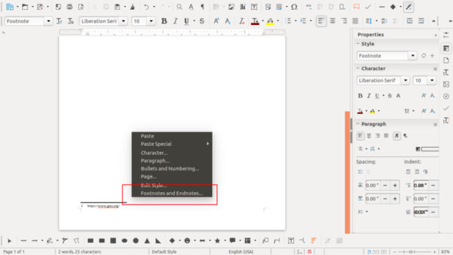 Pie de pagina LibreOffice 5.4