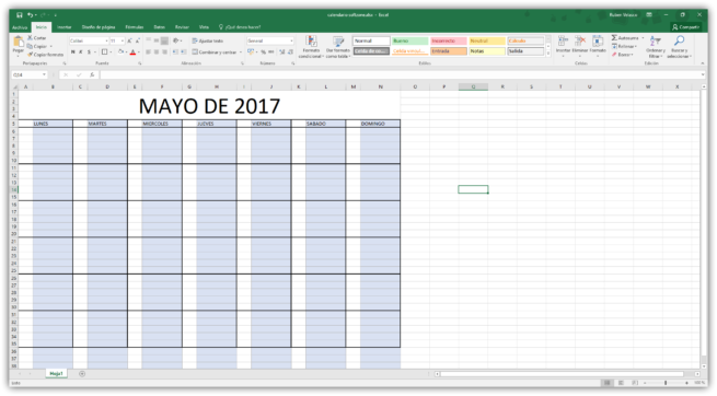 Hacer un calendario en Excel desde cero - Tabla 2