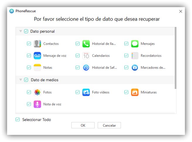PhoneRescue - Elegir datos recuperar iOS 1