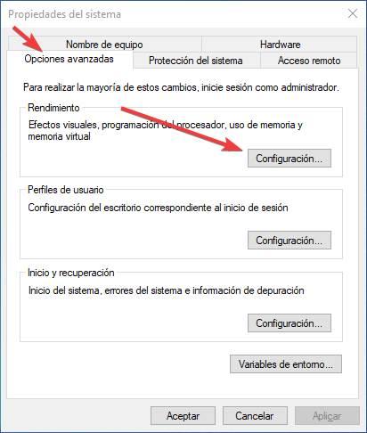 Opciones avanzadas de rendimiento en Windows 10