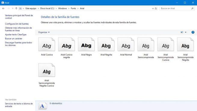 TIpos de letra de las fuentes instaladas en Windows 10