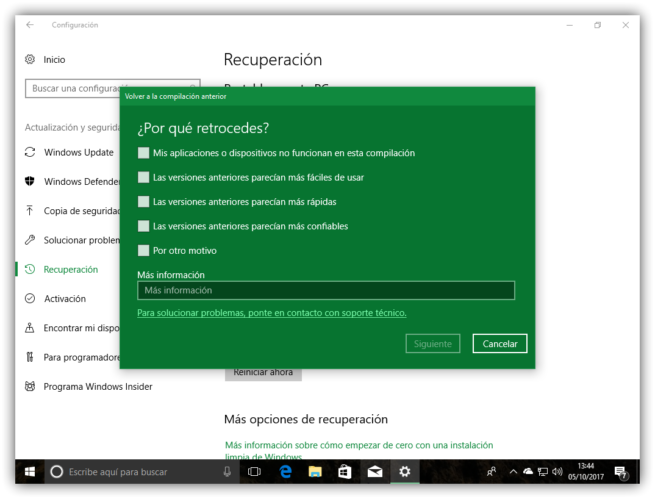 Desinstalar Windows 10 Fall Creators Update - Asistente 1