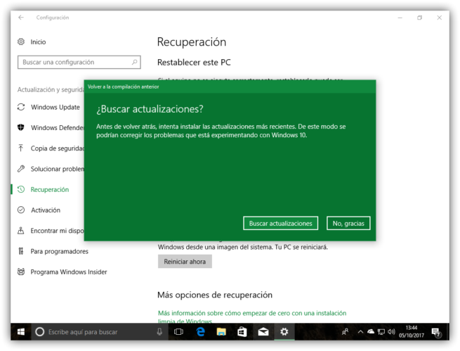 Desinstalar Windows 10 Fall Creators Update - Asistente 2