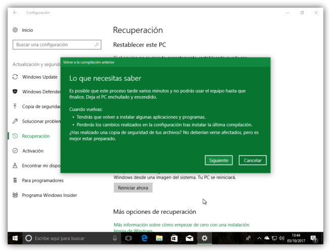 Desinstalar Windows 10 Fall Creators Update - Asistente 3