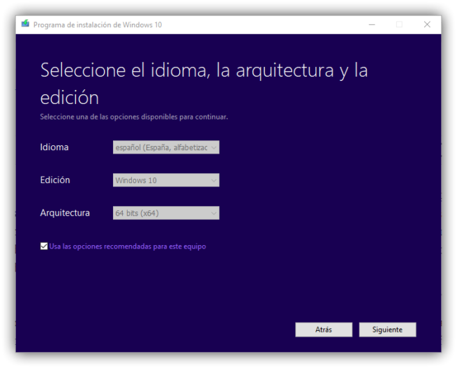 Elegir idioma, versión y arquitectura de Windows 10 Fall Creators Update