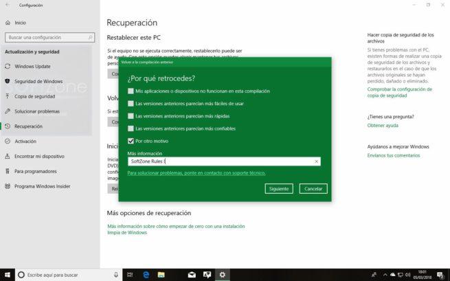 Desinstalar Windows 10 Spring Creators Update