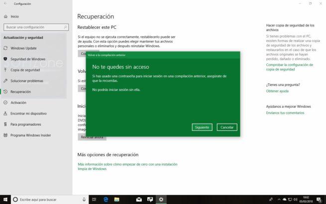 Desinstalar Windows 10 Spring Creators Update