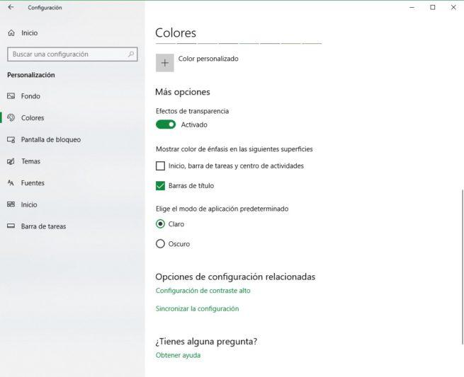 Color énfasis Windows 10 April 2018 Update 2