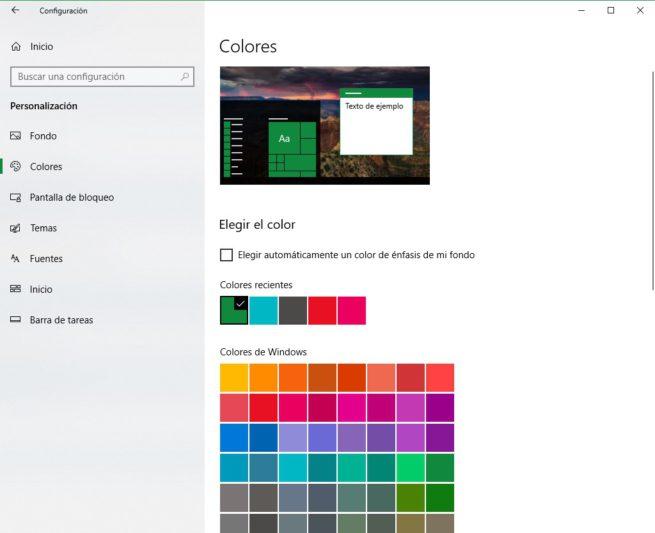 Color énfasis Windows 10 April 2018 Update