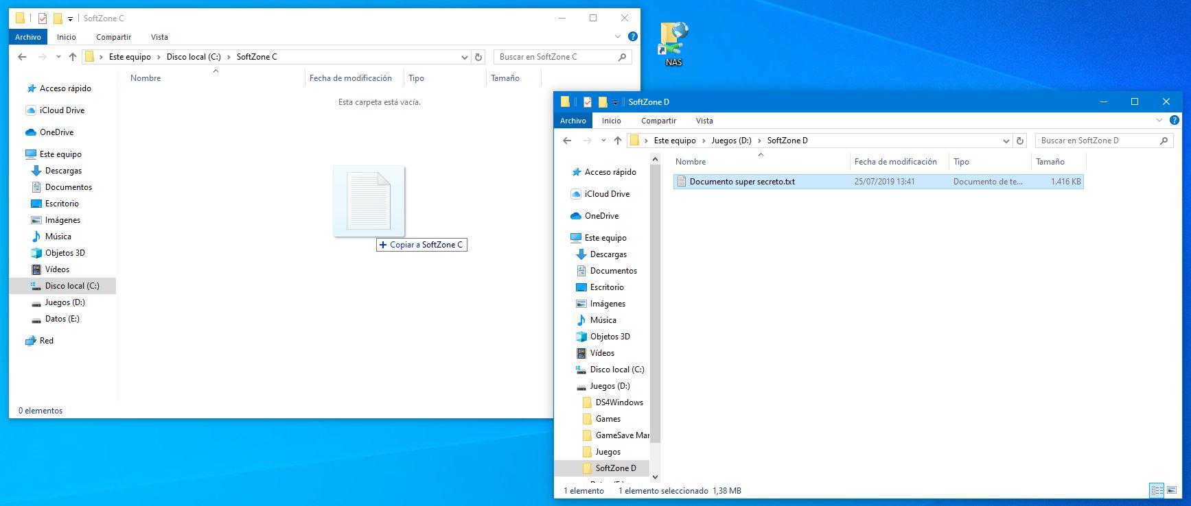 Arrastrar archivos - Copiar a unidad en Windows 10