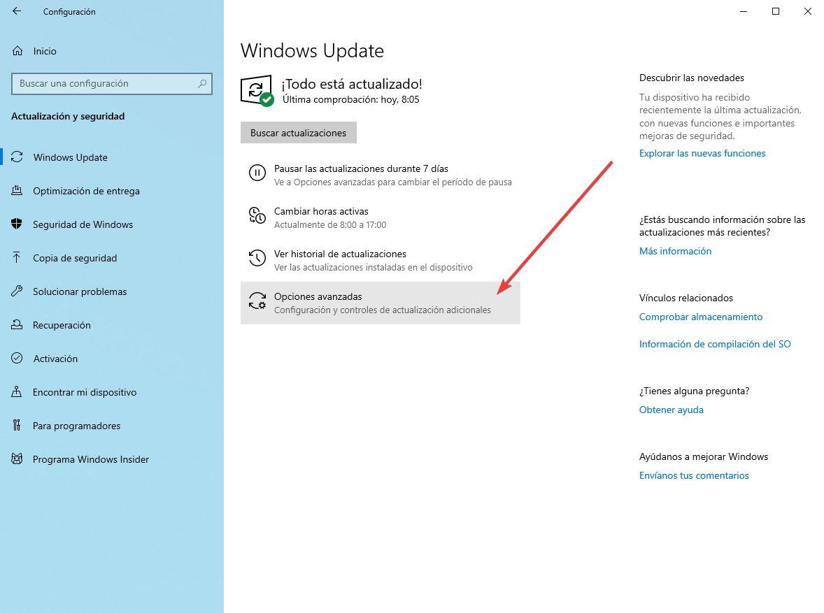 Opciones avanzadas configuración Windows Update en Windows 10 1903