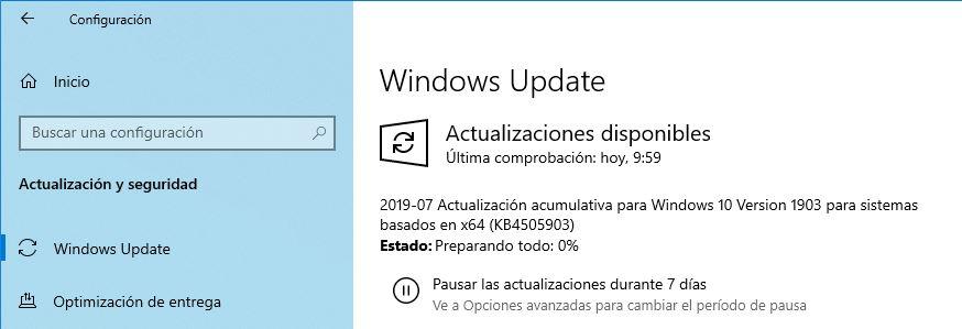 Parche acumulativo Windows 10 May 2019 Update julio