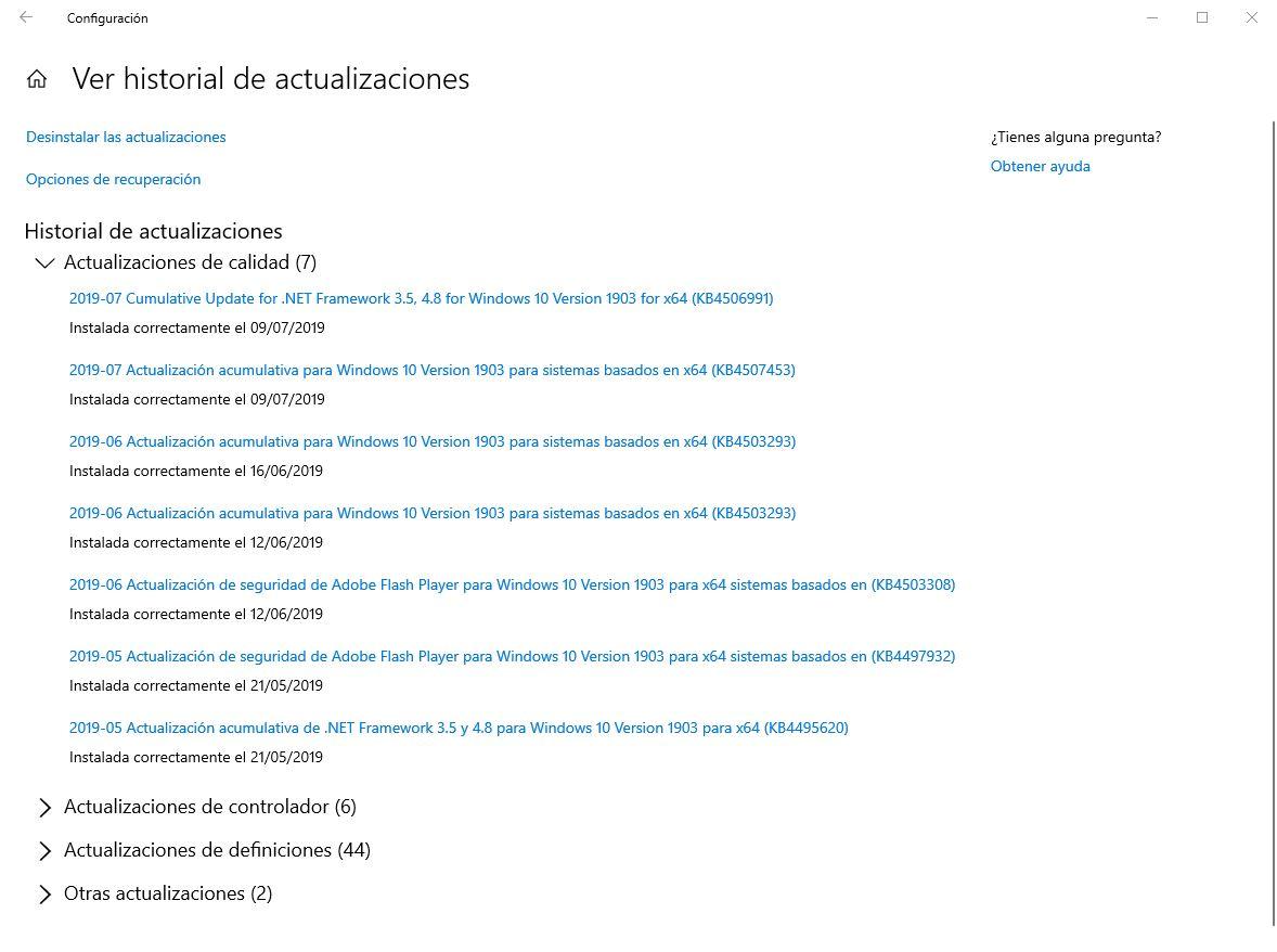 Ver el historial de actualizaciones de Windows Update