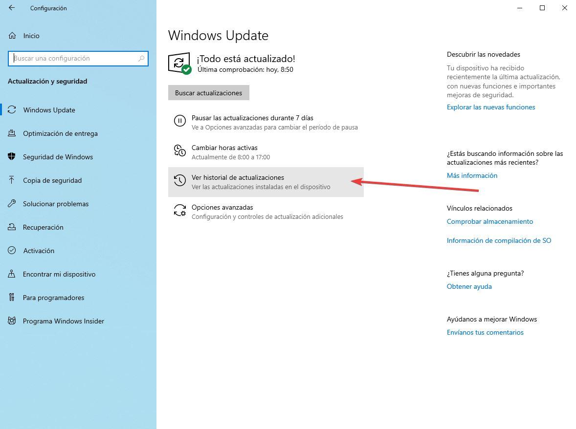 Windows Update - Ir al historial de actualizaciones
