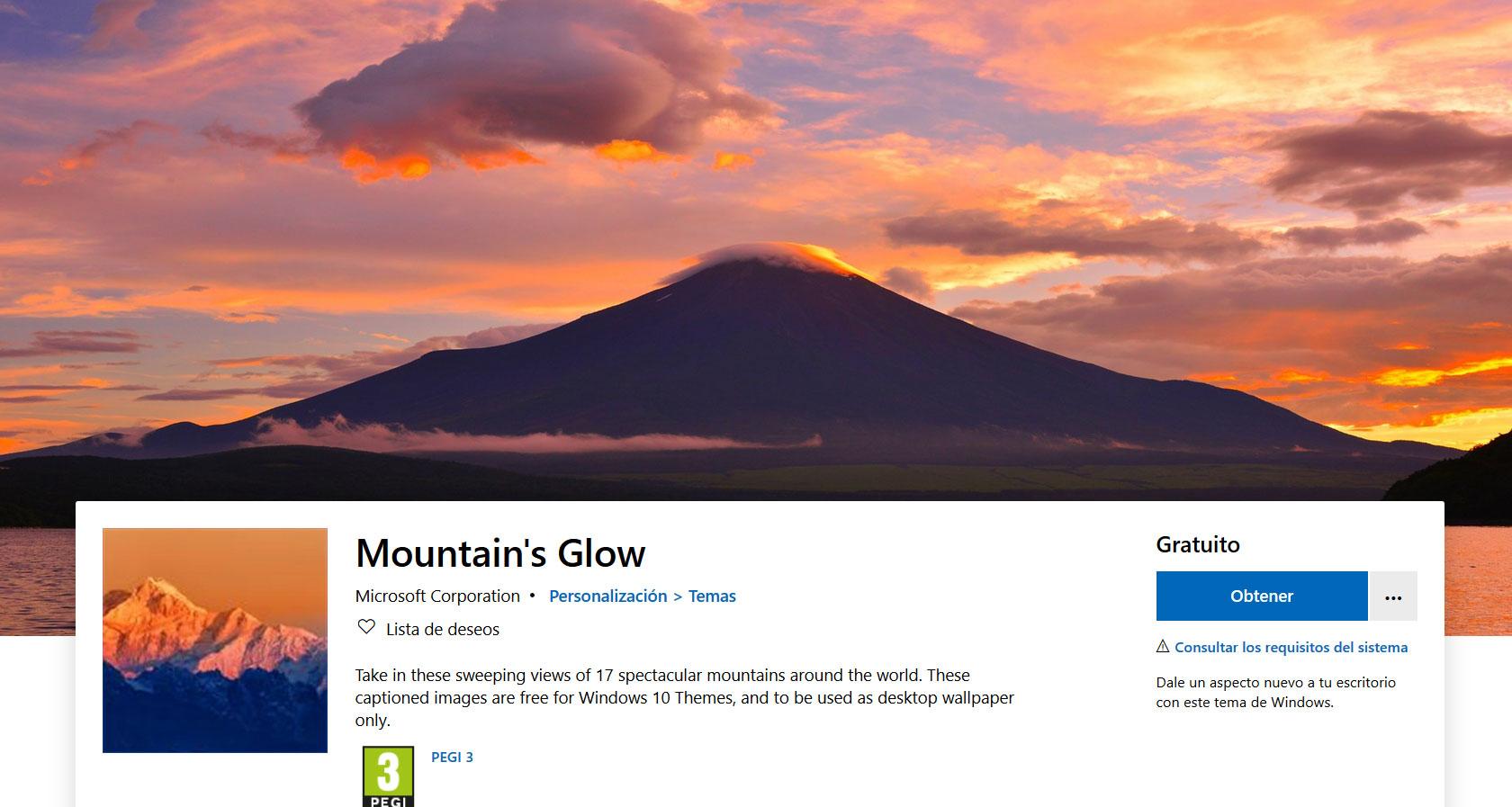 Mountain's Glow tema Windows 10
