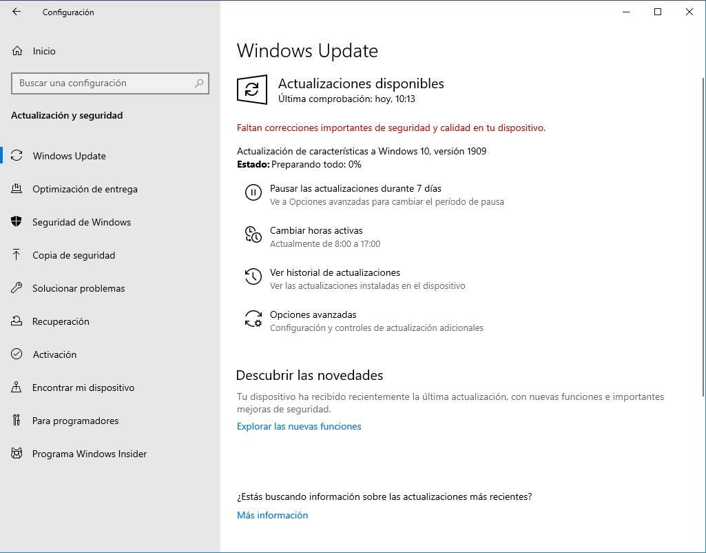 Actualización Windows 10 versión 1909