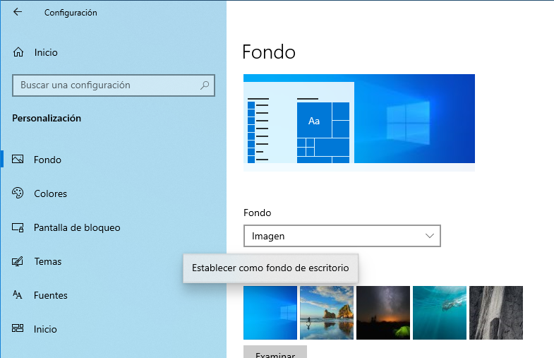 Apartado cambiar fondo pantalla Windows 10