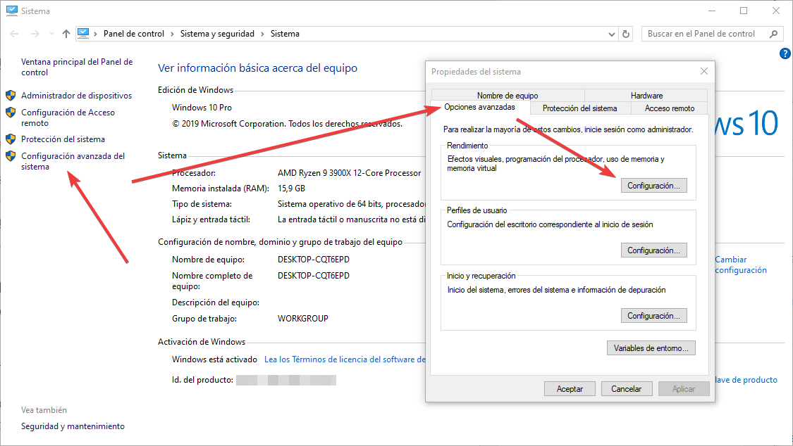 Configurar opciones rendimiento Windows 10