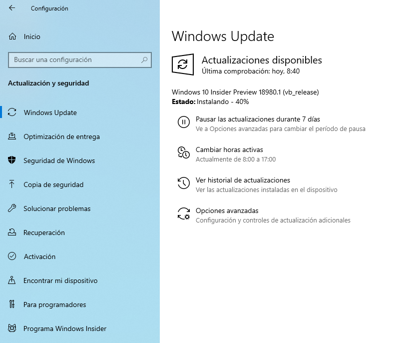 Descargando Windows 10 build 18980