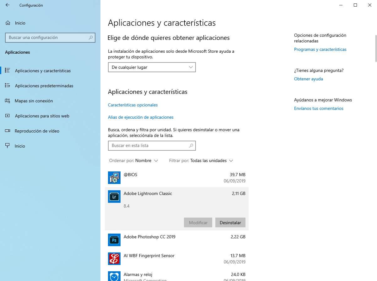 Desinstalar aplicaciones configuración de Windows