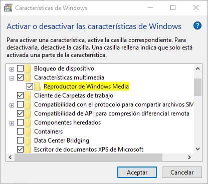Instalar reproductor Windows Media Windows 10
