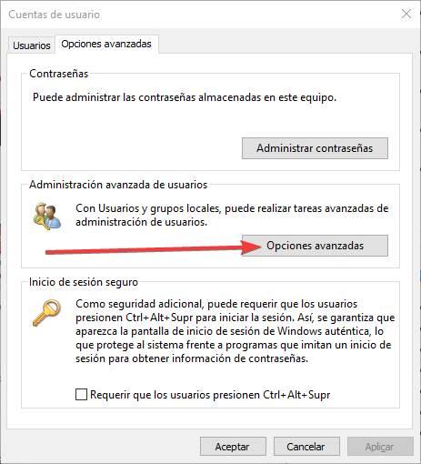 Opciones de usuarios avanzadas de Windows 10