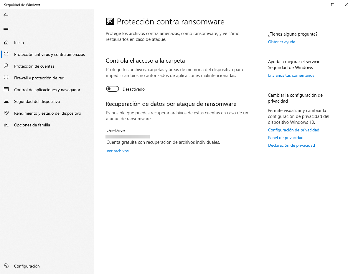 Protección ransomware Windows Defender