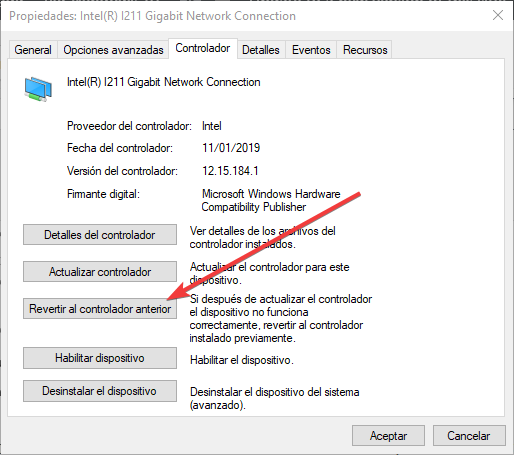 Revertir al controlador anterior Windows 10