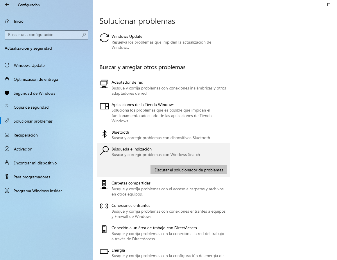 Solucionar problemas Indización Windows 10