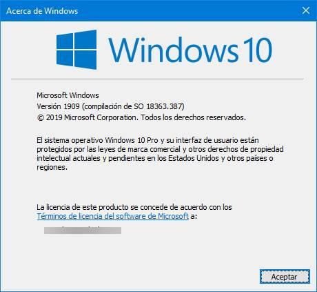 Windows 10 19H2 versión 1909