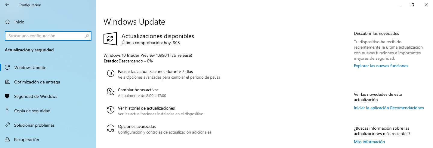 Windows 10 20H1 build 18990 Windows Update