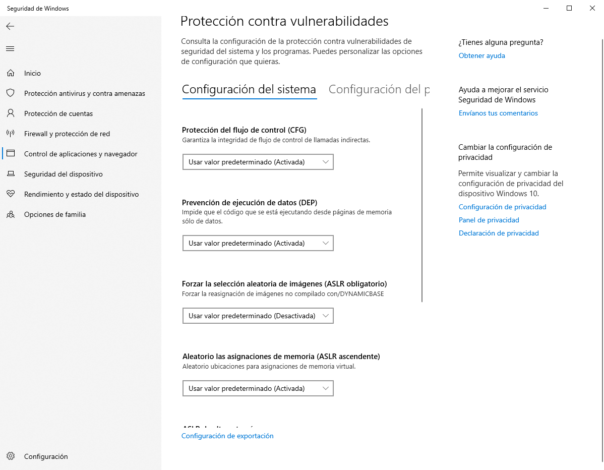 Windows Defender - Protección contra vulnerabilidades