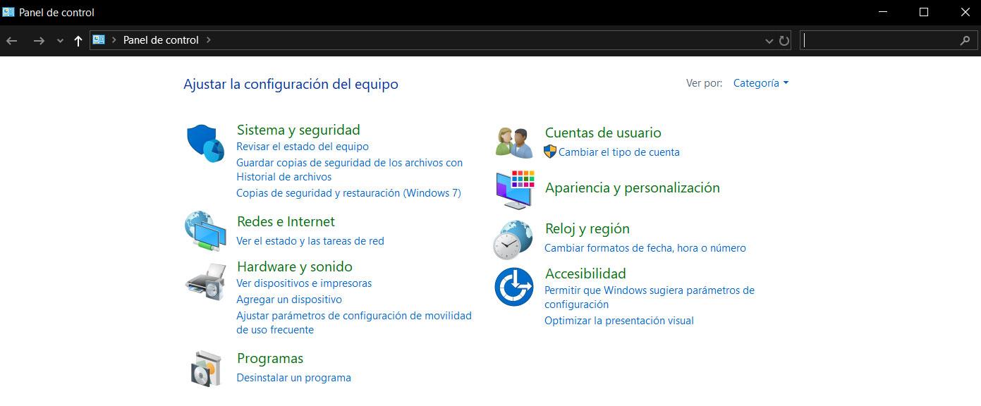 Panel de control Windows 10