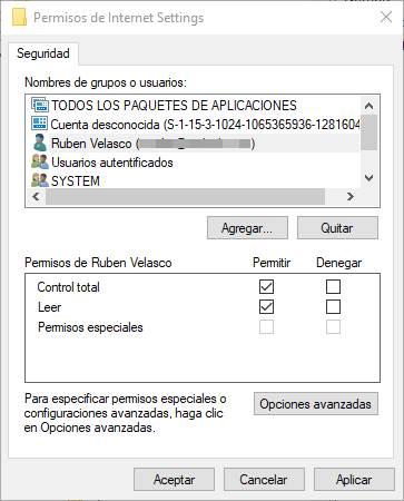 Añadir permisos usuario editar registro Windows 10