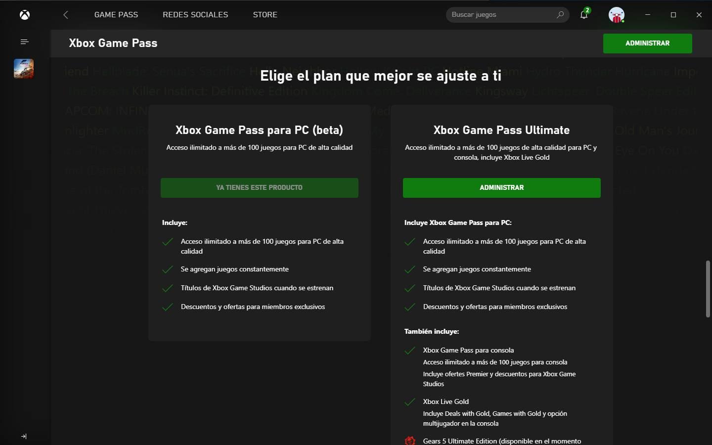 Administrar suscripción Xbox Game Pass