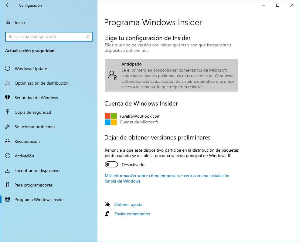 Configuración Insider Windows 10