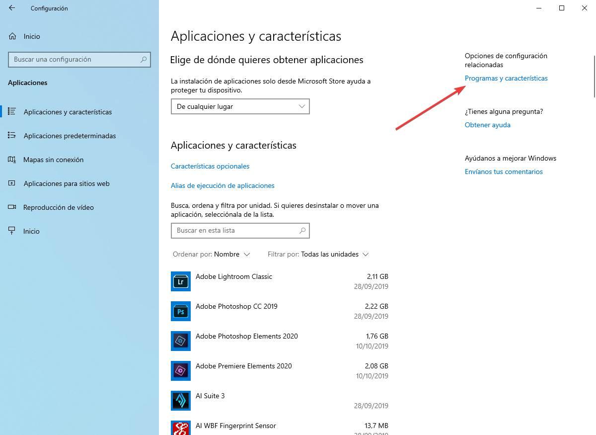 Configuración de aplicaciones y características en Windows 10