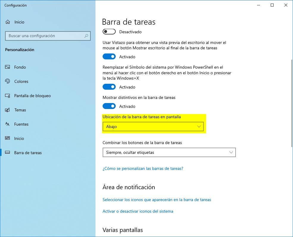 Configurar la barra de tareas en Windows 10