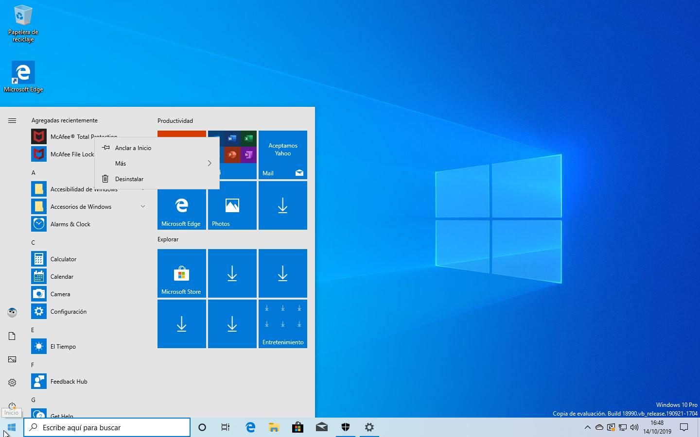 Desinstalar antivirus desde menú inicio en Windows 10