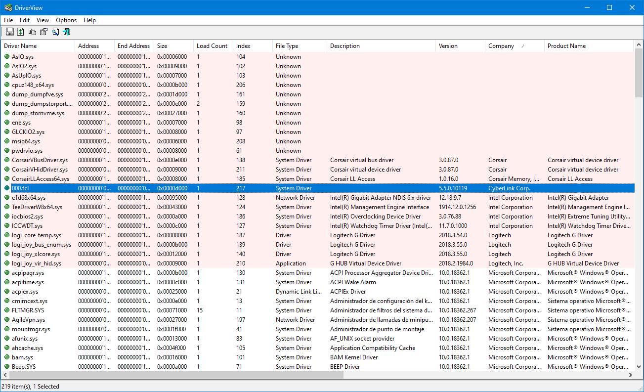 DriverView - Lista de drivers instalados en Windows