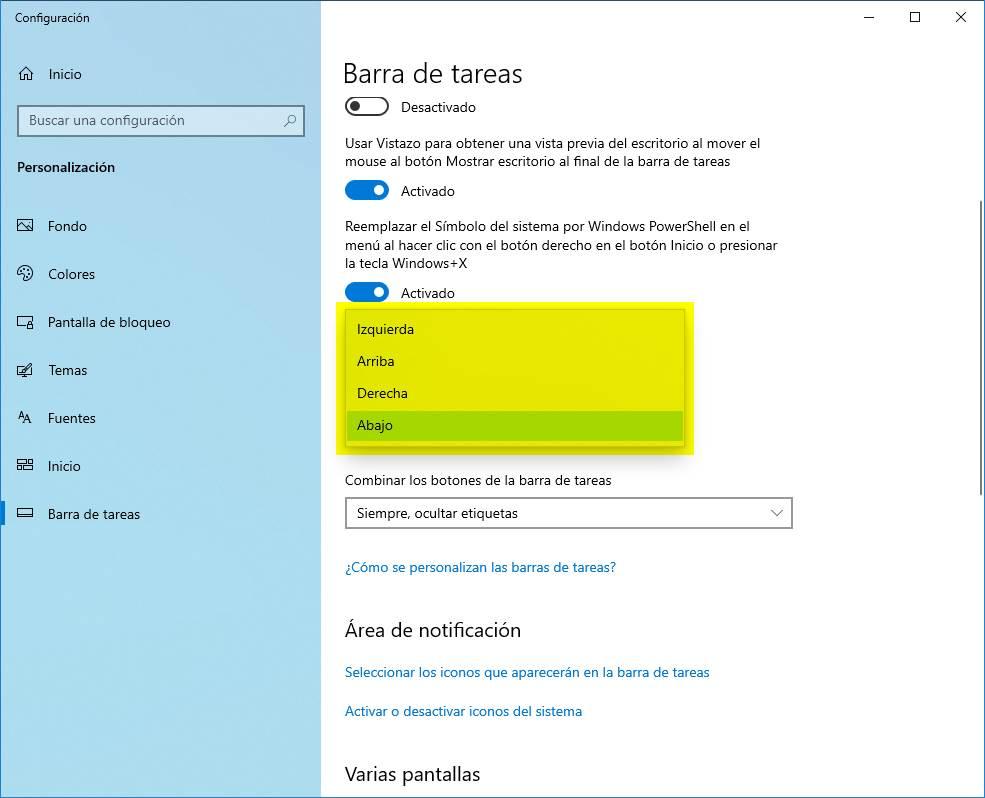 Elegir posición de la barra de tareas en Windows 10