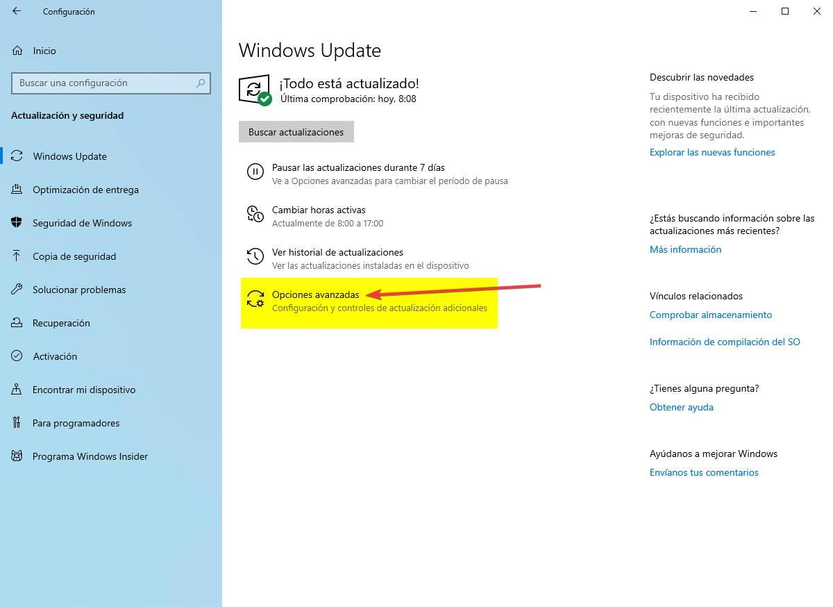 Entrar en la configuración avanzada de Windows Update