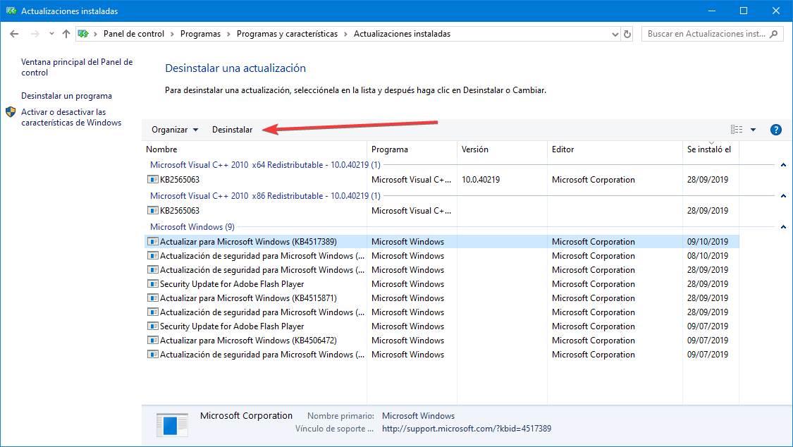 Lista de actualizaciones instaladas en Windows 10